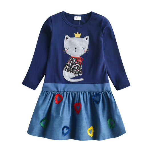 2-12Y Little Cute Cat Print Blue Long Sleeve Cotton Dress for Girls Toddler