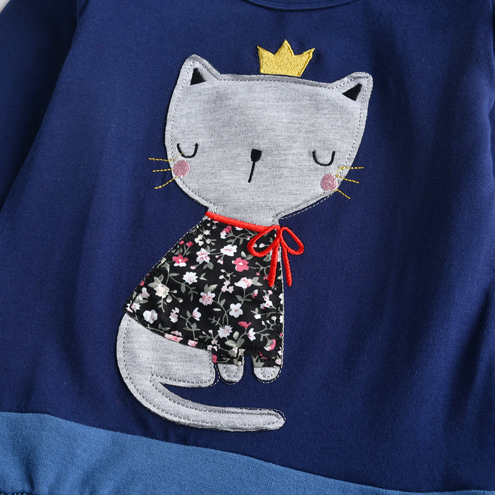 2-12Y Little Cute Cat Print Blue Long Sleeve Cotton Dress for Girls Toddler