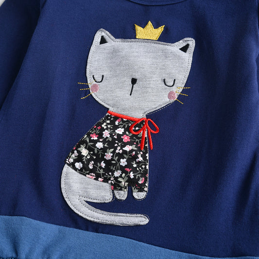 2-12Y Little Cute Cat Print Blue Long Sleeve Cotton Dress for Girls Toddler