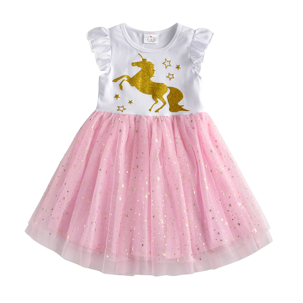 Toddler Summer Unicorn Tutu Girl Dress Glitter Horse With Star Cartoon Kids Dress for 3-8T