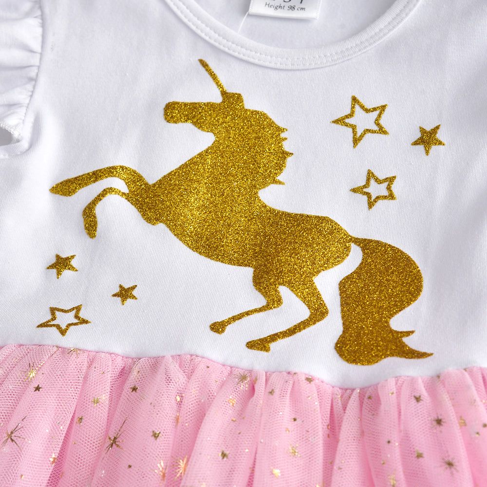 Toddler Summer Unicorn Tutu Girl Dress Glitter Horse With Star Cartoon Kids Dress for 3-8T