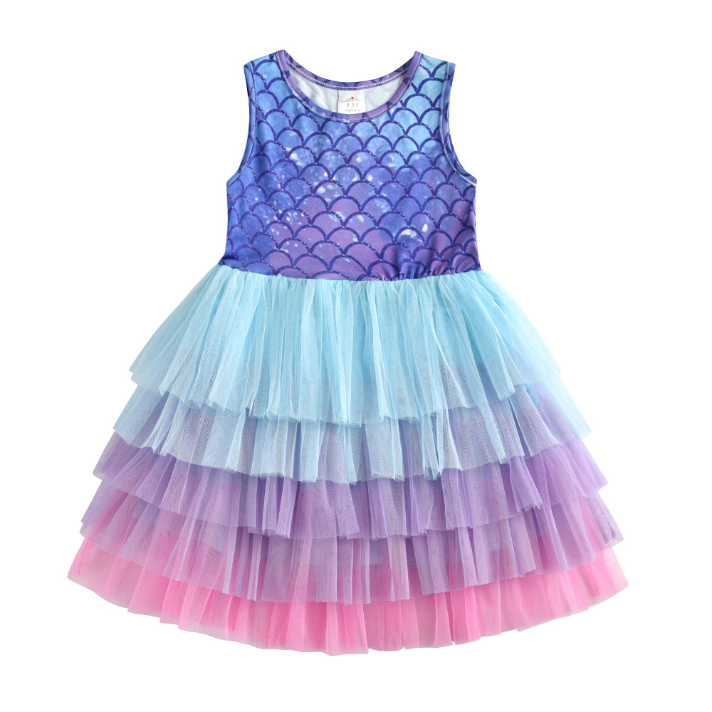 Princess Mermaid Printed Toddler Tutu Girl Layered Dress for Brithday Party