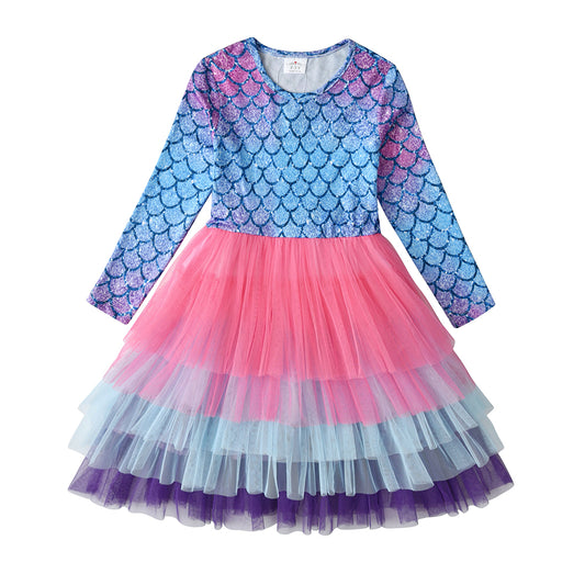 Purple Mermaid Colorful Layered Tulle Toddler Girl Long Sleeve Dress