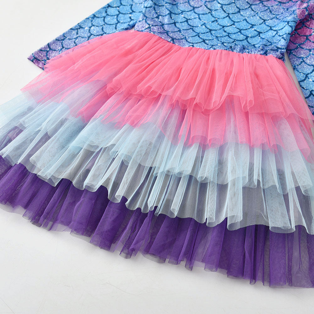 Purple Mermaid Colorful Layered Tulle Toddler Girl Long Sleeve Dress