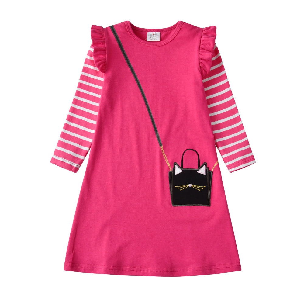 Vikita Fashion Bag Print Stripe Long Sleeve Girls A Line Dress 3-8T