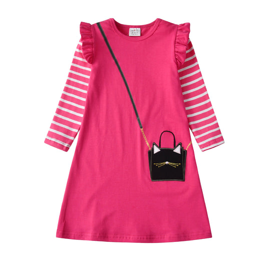 Vikita Fashion Bag Print Stripe Long Sleeve Girls A Line Dress 3-8T