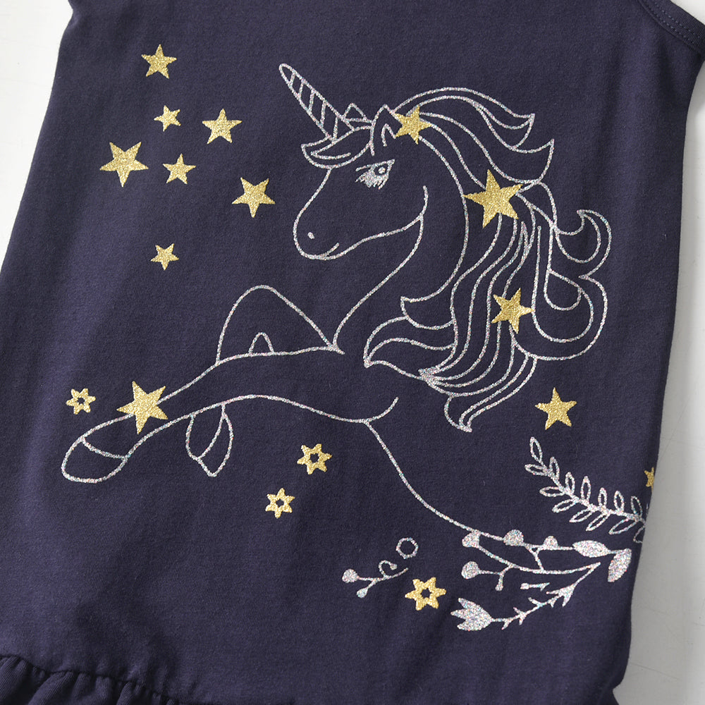 Girls Sleeveless Dress A Line Cotton Unicorn with Star Ruffle Dress Kids Dress
