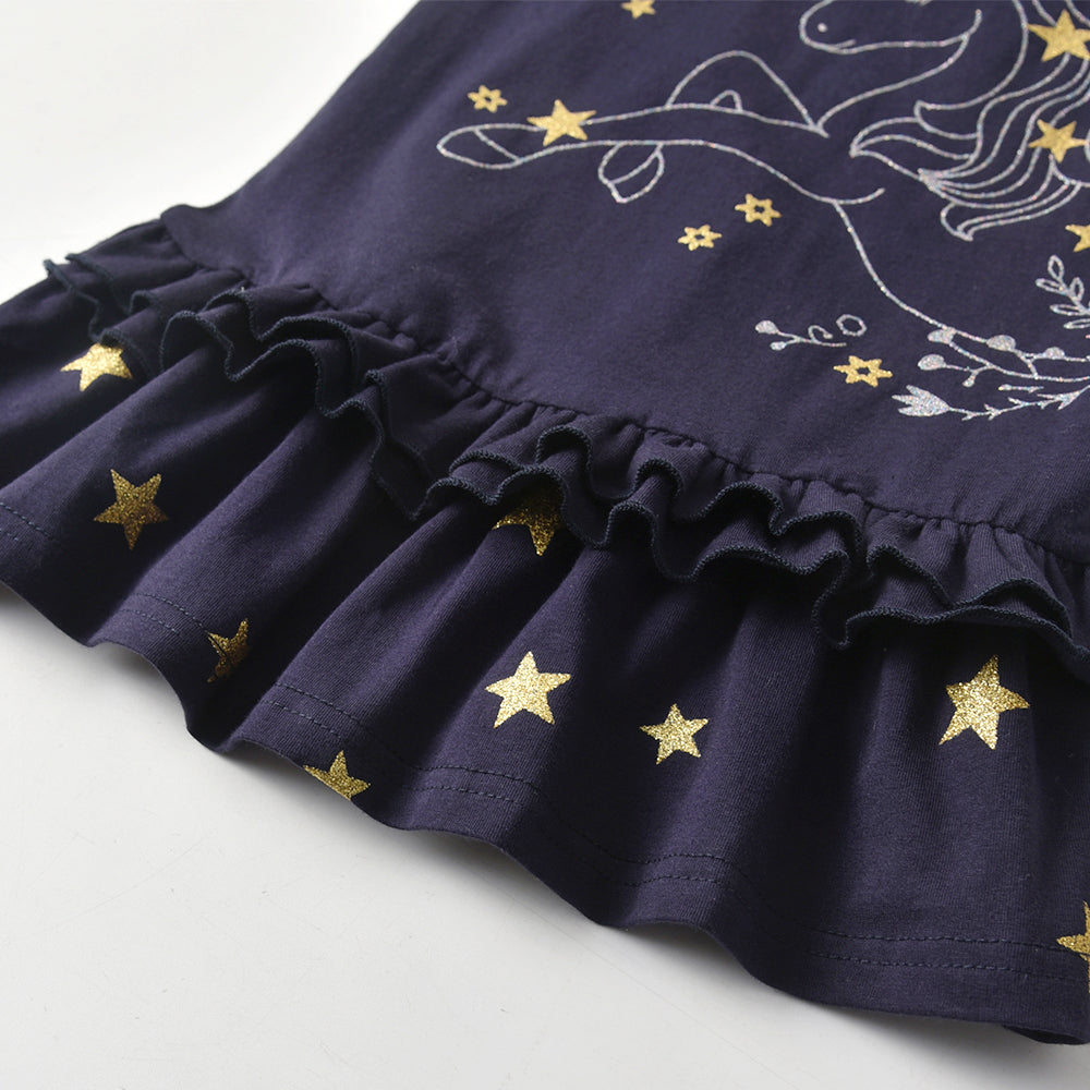 Girls Sleeveless Dress A Line Cotton Unicorn with Star Ruffle Dress Kids Dress