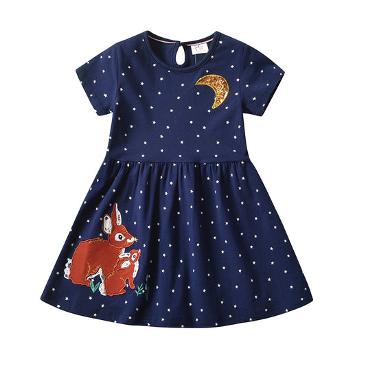 2Y-8Y Girls Short Sleeve Casual Dress Cute Squirrel Star Blue Jersey Dress