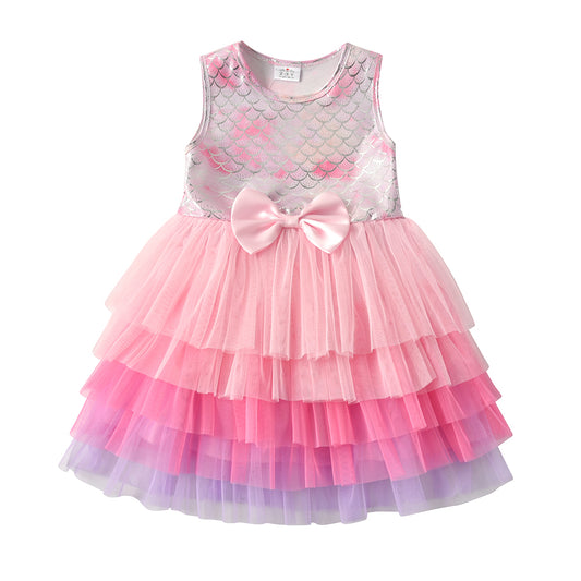 2Y-8Y Girls Party Dress Mermaid Princess Pink Layered Tulle Sleeveless Tutu Dress
