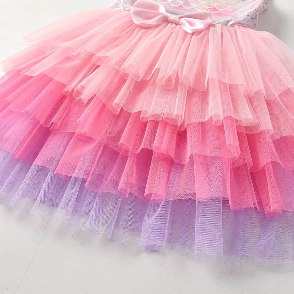 2Y-8Y Girls Party Dress Mermaid Princess Pink Layered Tulle Sleeveless Tutu Dress