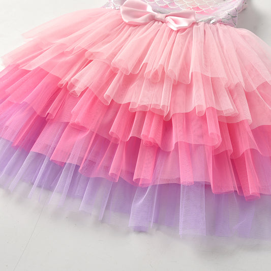 2Y-8Y Girls Party Dress Mermaid Princess Pink Layered Tulle Sleeveless Tutu Dress