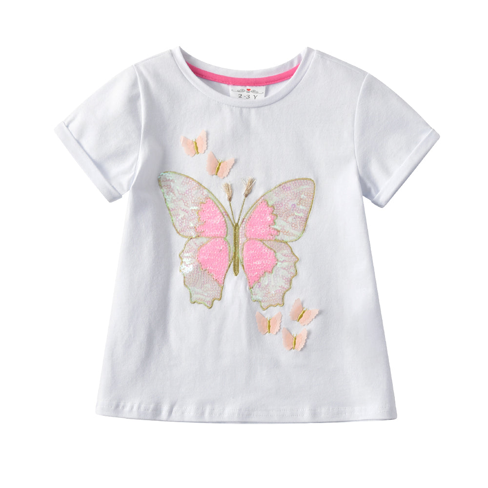2Y-8Y Girls Short Sleeve T-shirt Sequins Butterfly White Girl Toddler Top