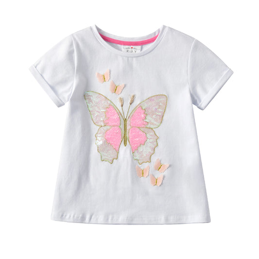 2Y-8Y Girls Short Sleeve T-shirt Sequins Butterfly White Girl Toddler Top