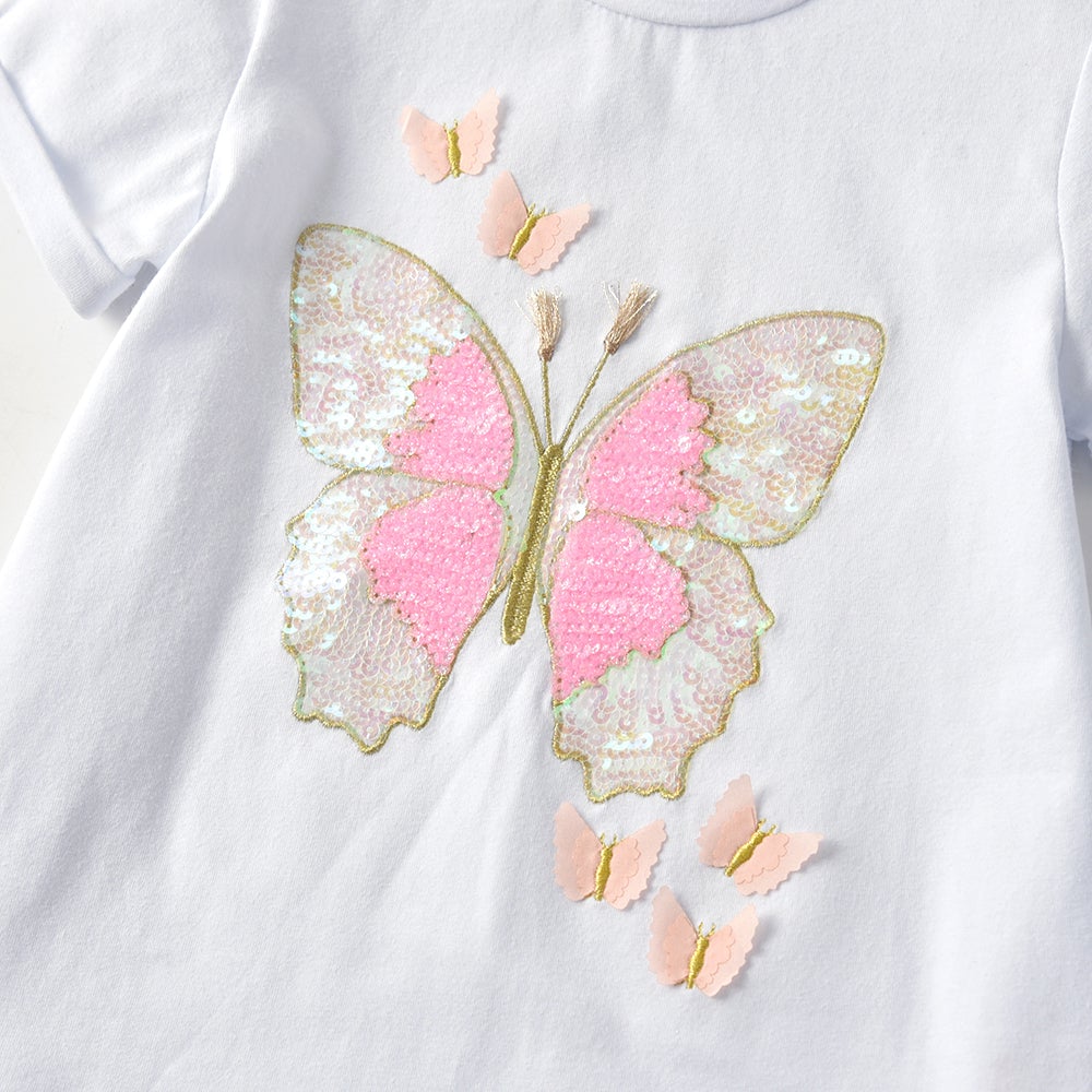 2Y-8Y Girls Clothes Set Sequins Butterfly Top + Pink Tutu Skirt
