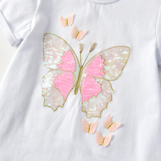 2Y-8Y Girls Short Sleeve T-shirt Sequins Butterfly White Girl Toddler Top