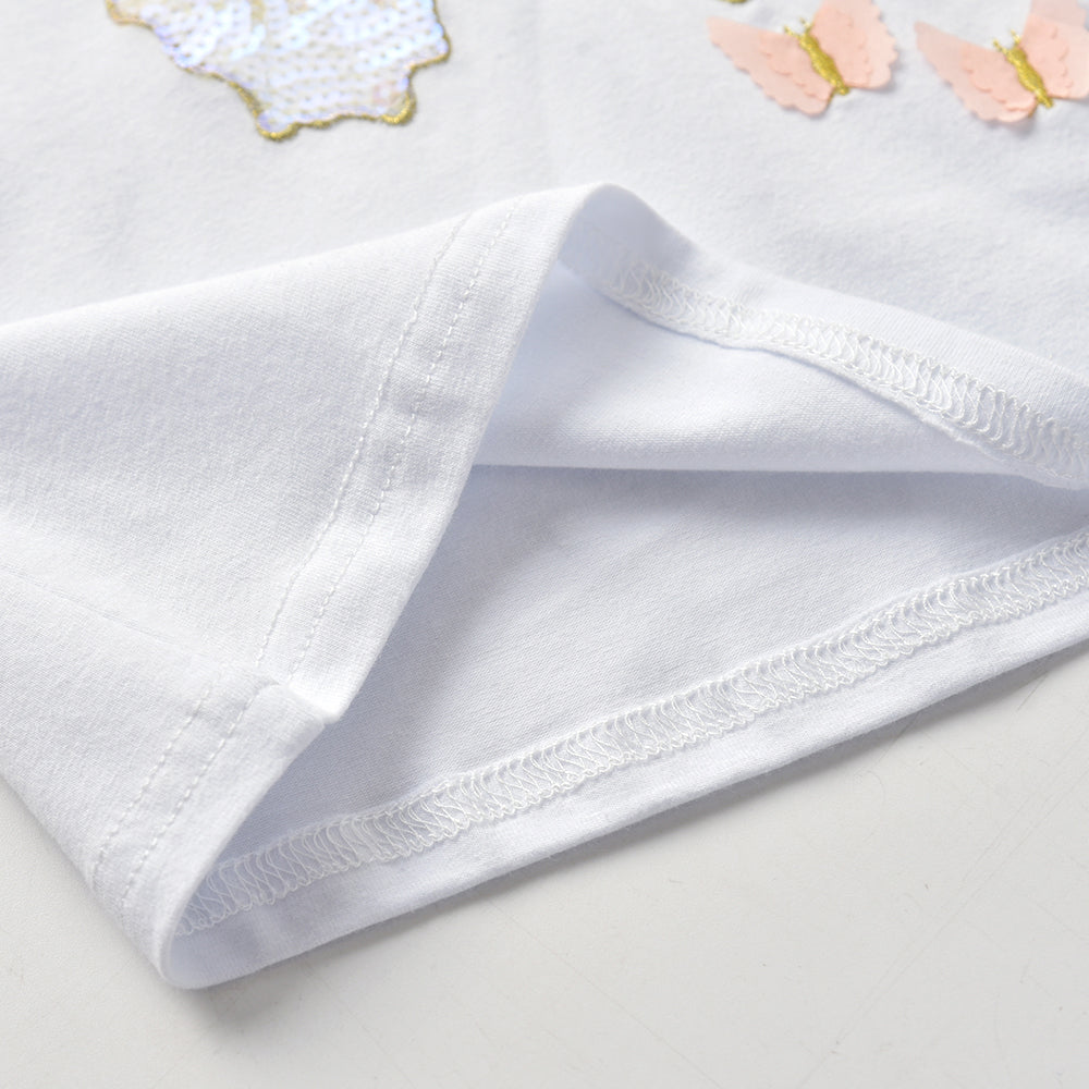 2Y-8Y Girls Short Sleeve T-shirt Sequins Butterfly White Girl Toddler Top