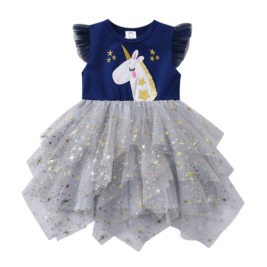 2Y-8Y Girls Summer Dress Embroidered Unicorn Sparkle Star Tulle Tutu Dress