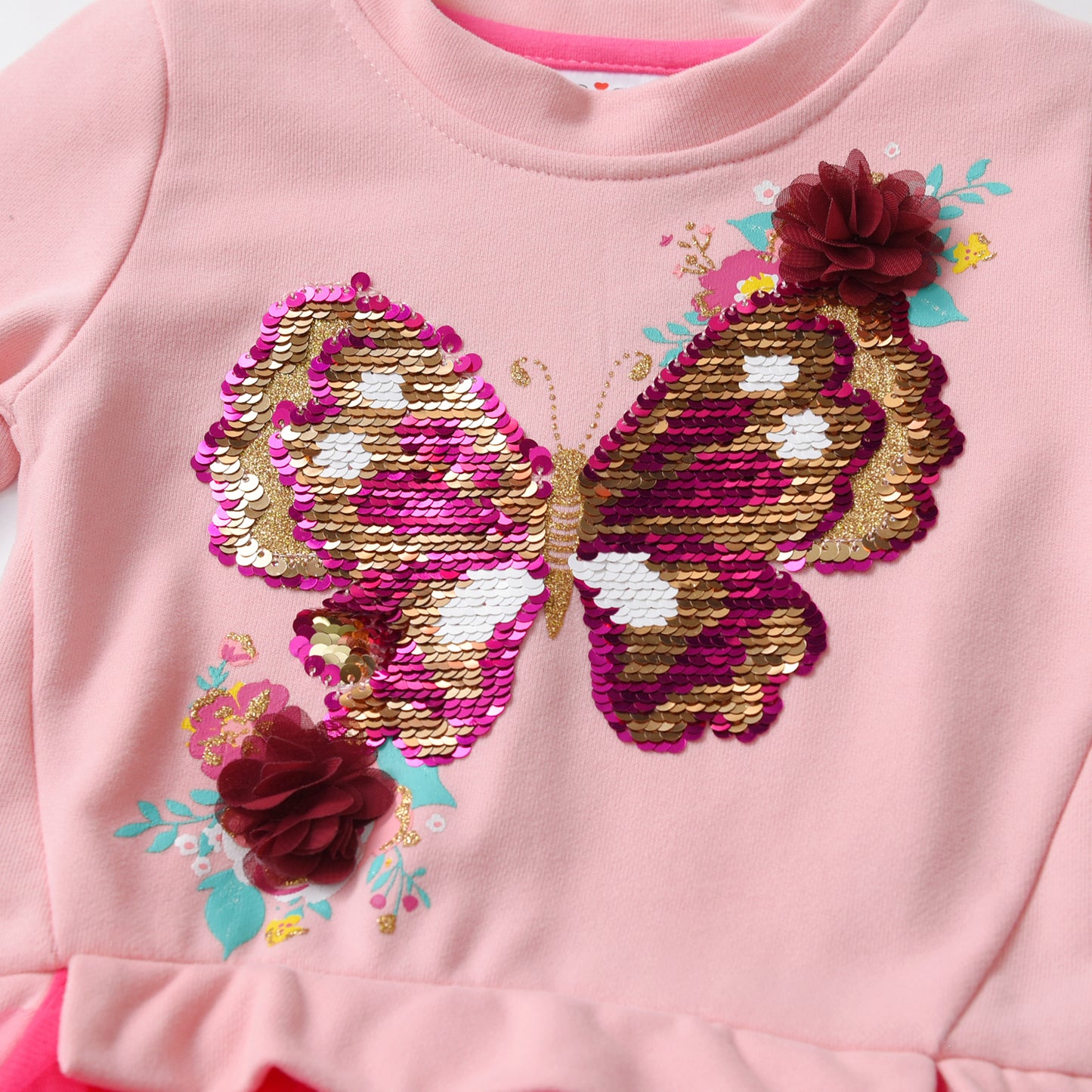 2-8Y Girls Tutu Dress Pink Sequins Butterfly with 3D Flower Sweatshirt Top Tutu Dress