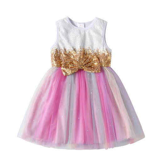 2Y-8Y Girls Sleeveless Dress Sequins Big Bowknot Rainbow Tulle Tutu Dress
