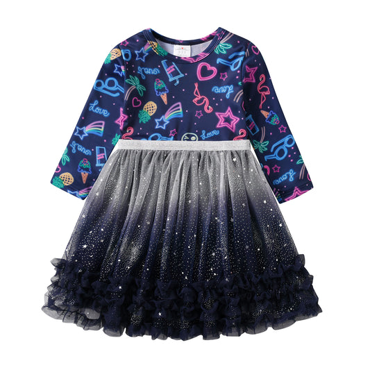 Light Graffiti Pattern Starry Sky Tulle Girl Toddler Party Prom Grown Dress