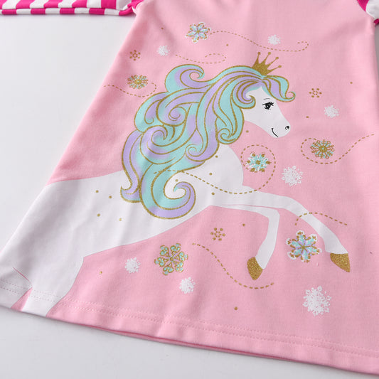 Unicorn Sequined A Line Girl Toddler Cotton Striped Long Sleeve Hooded Dress