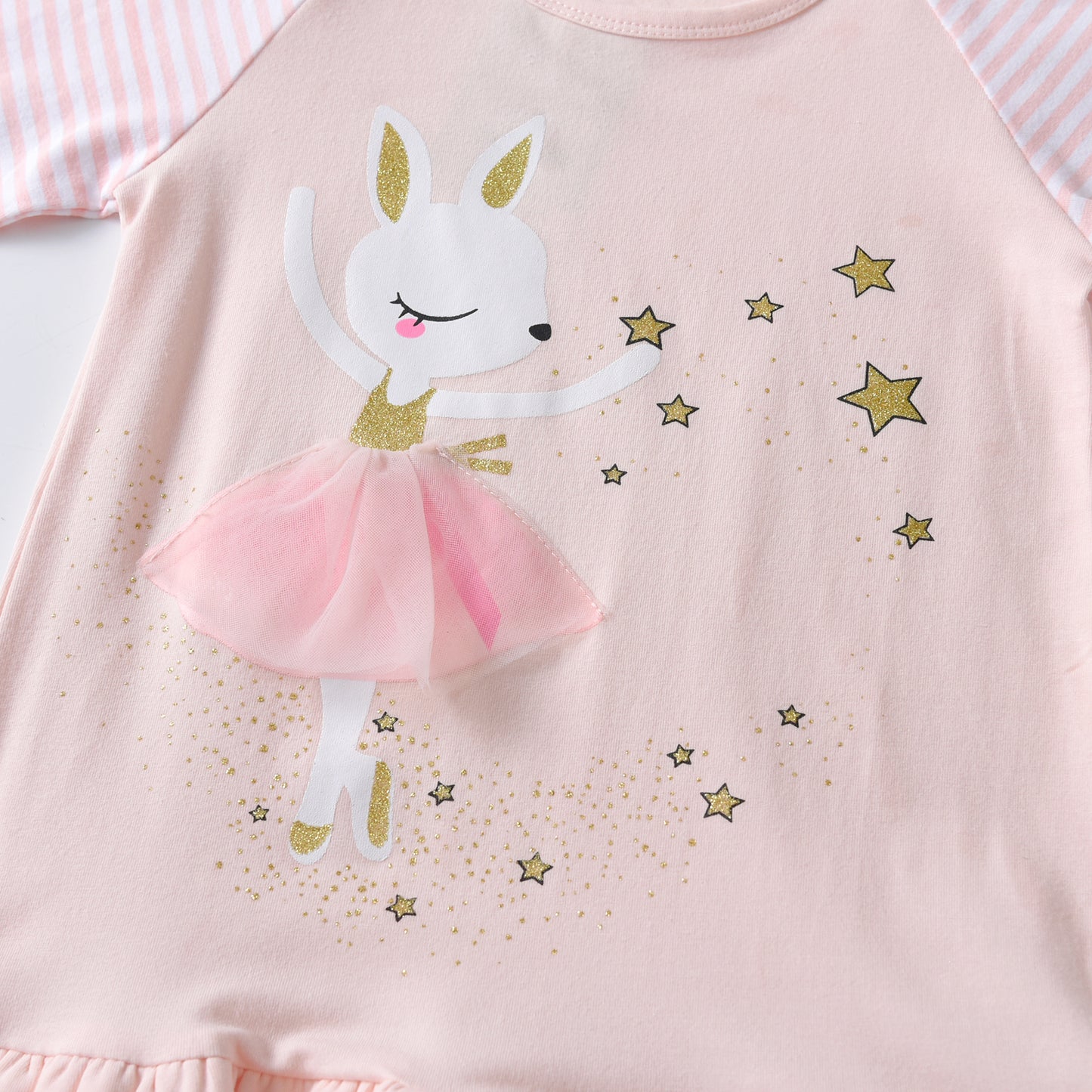 2Y-8Y Girls Casual Dress Dance Rabbit with Sparkle Star Stripe Long Sleeve Ruffle Girls Dress