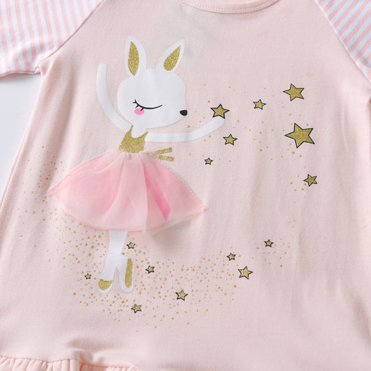 2Y-8Y Girls Casual Dress Dance Rabbit with Sparkle Star Stripe Long Sleeve Ruffle Girls Dress