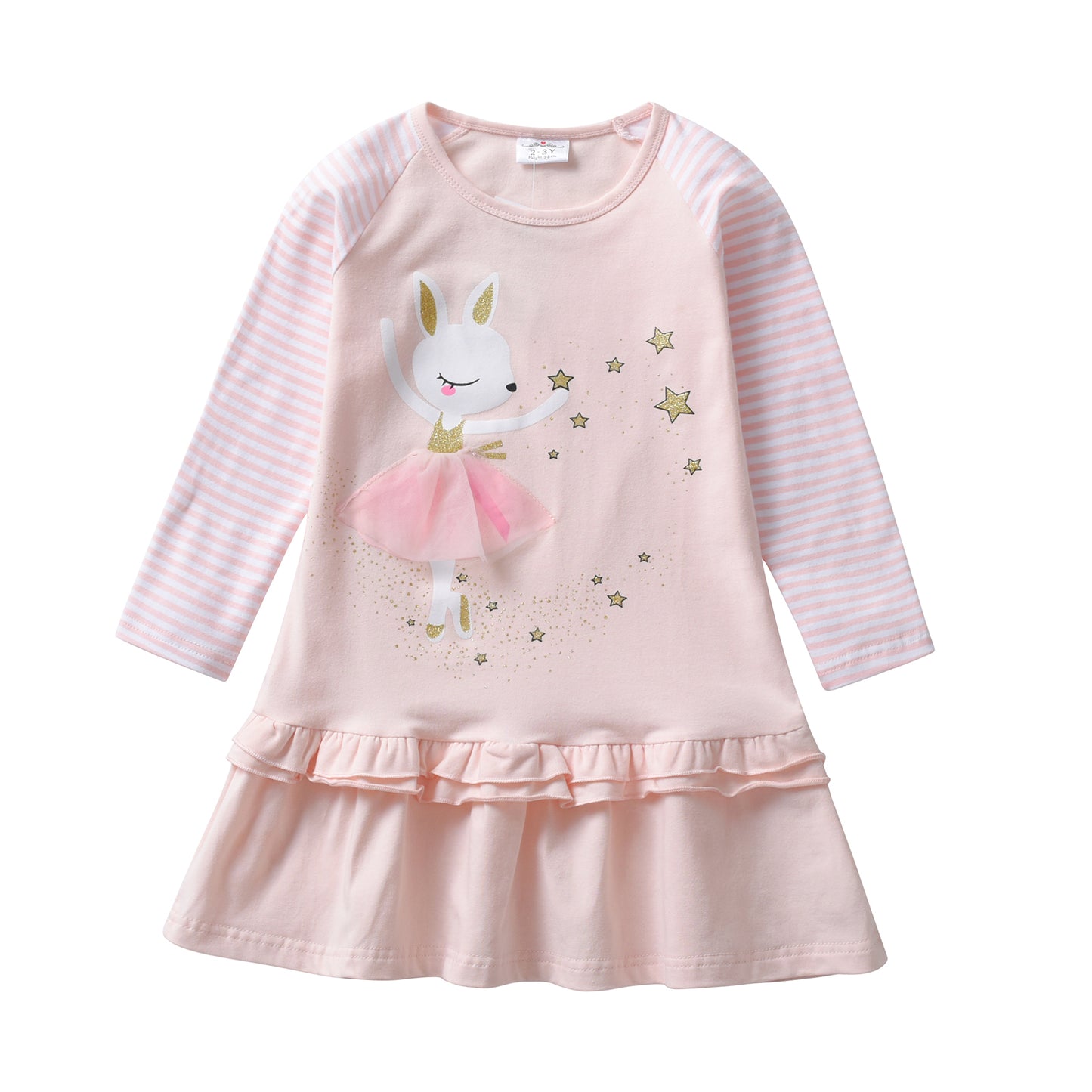 2Y-8Y Girls Casual Dress Dance Rabbit with Sparkle Star Stripe Long Sleeve Ruffle Girls Dress