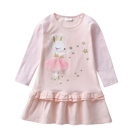 2Y-8Y Girls Casual Dress Dance Rabbit with Sparkle Star Stripe Long Sleeve Ruffle Girls Dress