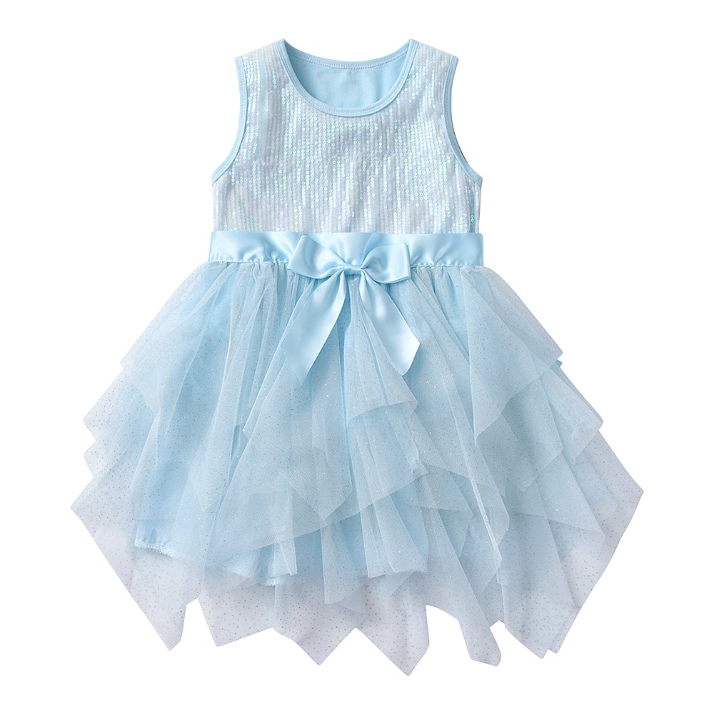Girls Summer Dress Blue Sequins Elegant Princess Tutu Dress with Bowknot