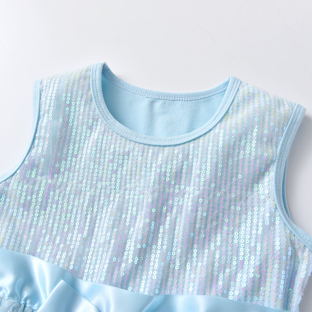 2Y-8Y Girls Summer Dress Sequins Irregular Tulle Dress with Bowknot Light Blue Kids Dress