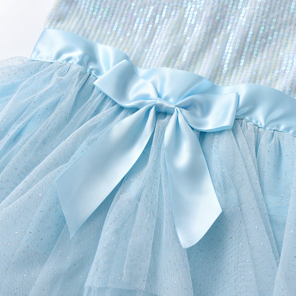 2Y-8Y Girls Summer Dress Sequins Irregular Tulle Dress with Bowknot Light Blue Kids Dress
