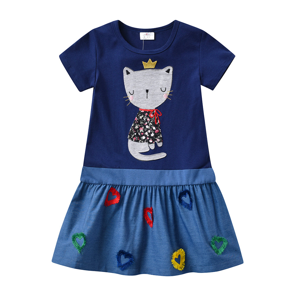 2Y-8Y Girls Short Sleeve Casual Dress Cute Cat Princess Blue Cotton Dress for Schoolday