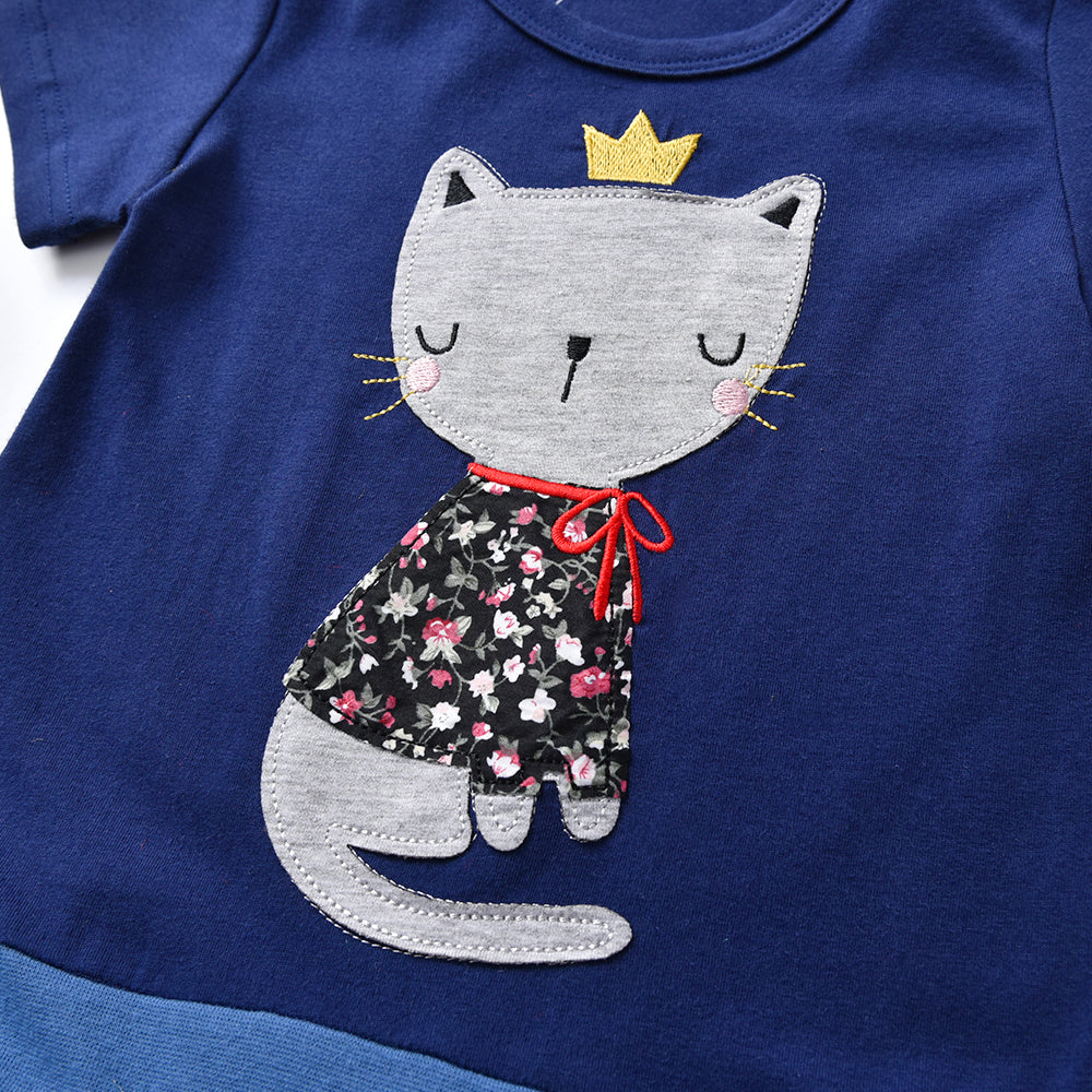2Y-8Y Girls Short Sleeve Casual Dress Cute Cat Princess Blue Cotton Dress for Schoolday