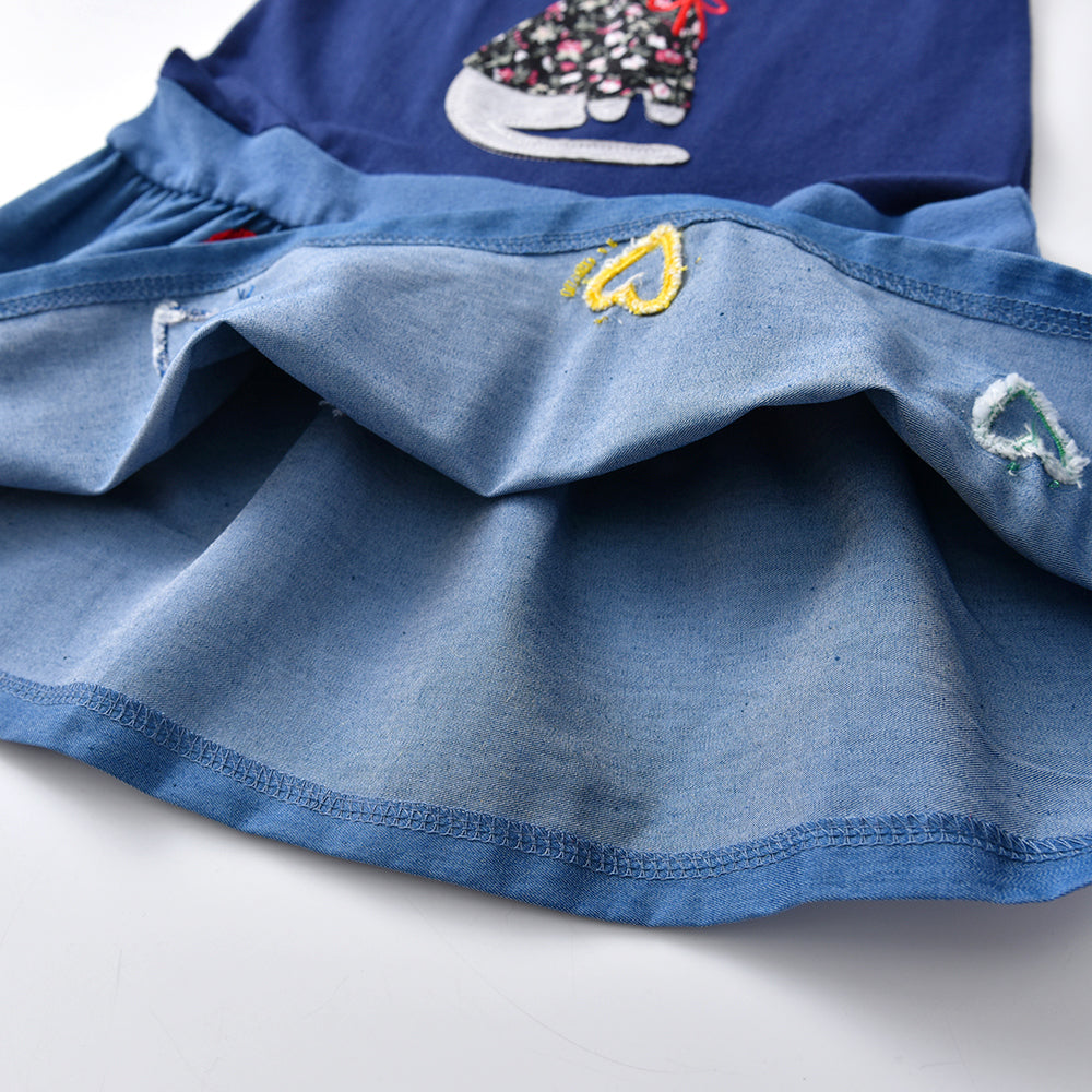 2Y-8Y Girls Short Sleeve Casual Dress Cute Cat Princess Blue Cotton Dress for Schoolday
