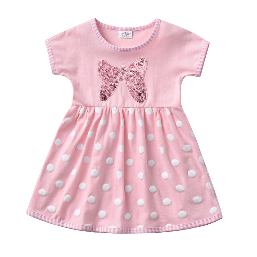2Y-8Y Girls Short Sleeve Casual Dress Sequins Bowknot Spot Pink Girls Dress