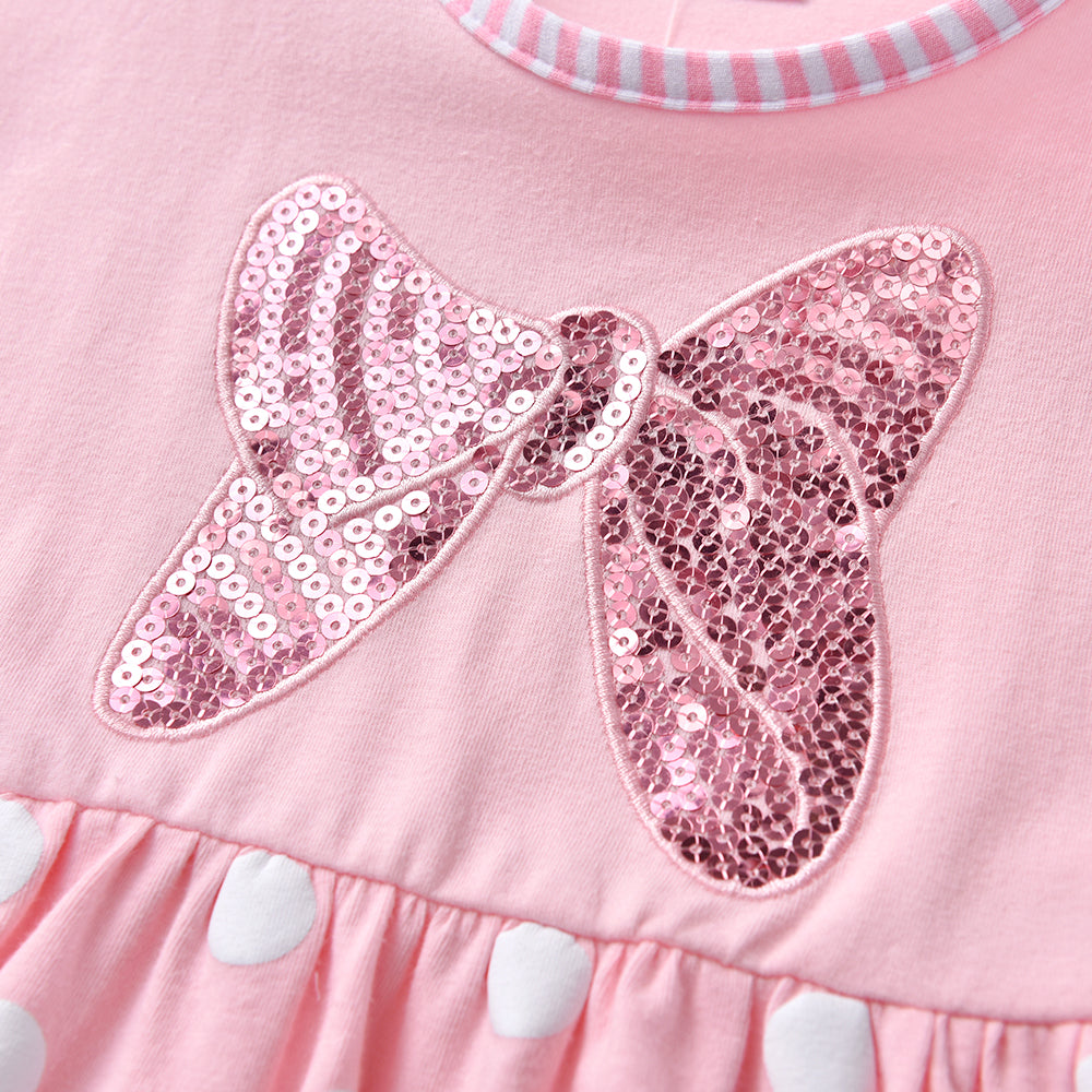 2Y-8Y Girls Short Sleeve Casual Dress Sequins Bowknot Spot Pink Girls Dress