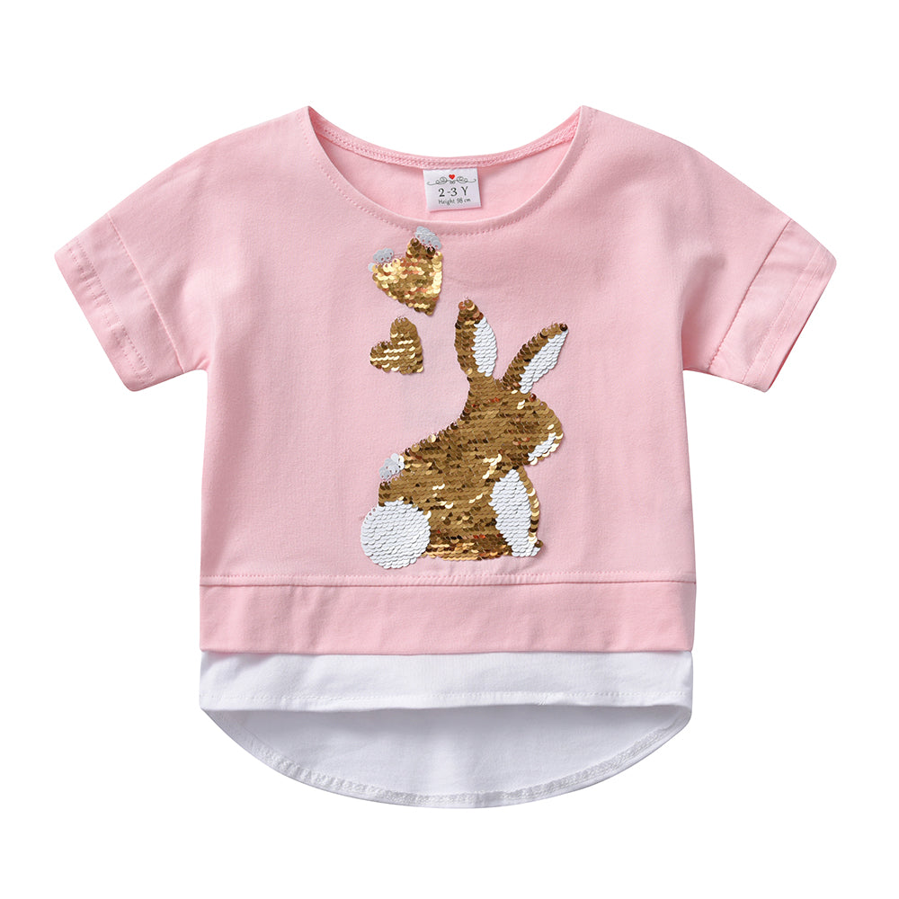 2Y-8Y Girls Short Sleeve T-shirt Sequins Big Rabbit Pink Casual Cotton Top