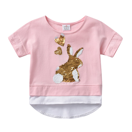 2Y-8Y Girls Short Sleeve T-shirt Sequins Big Rabbit Pink Casual Cotton Top