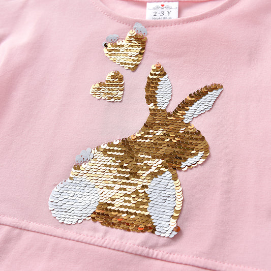 2Y-8Y Girls Short Sleeve T-shirt Sequins Big Rabbit Pink Casual Cotton Top