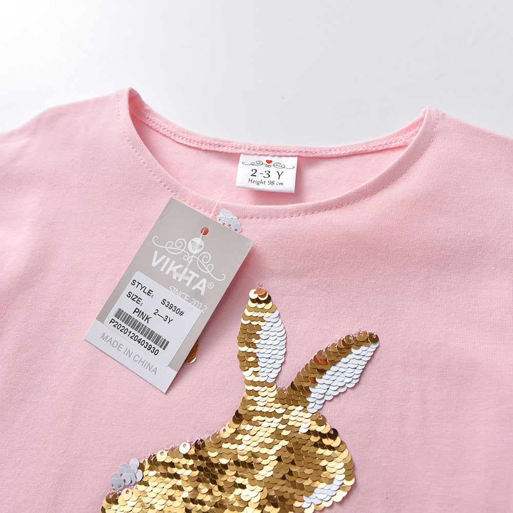 2Y-8Y Girls Short Sleeve T-shirt Sequins Big Rabbit Pink Casual Cotton Top