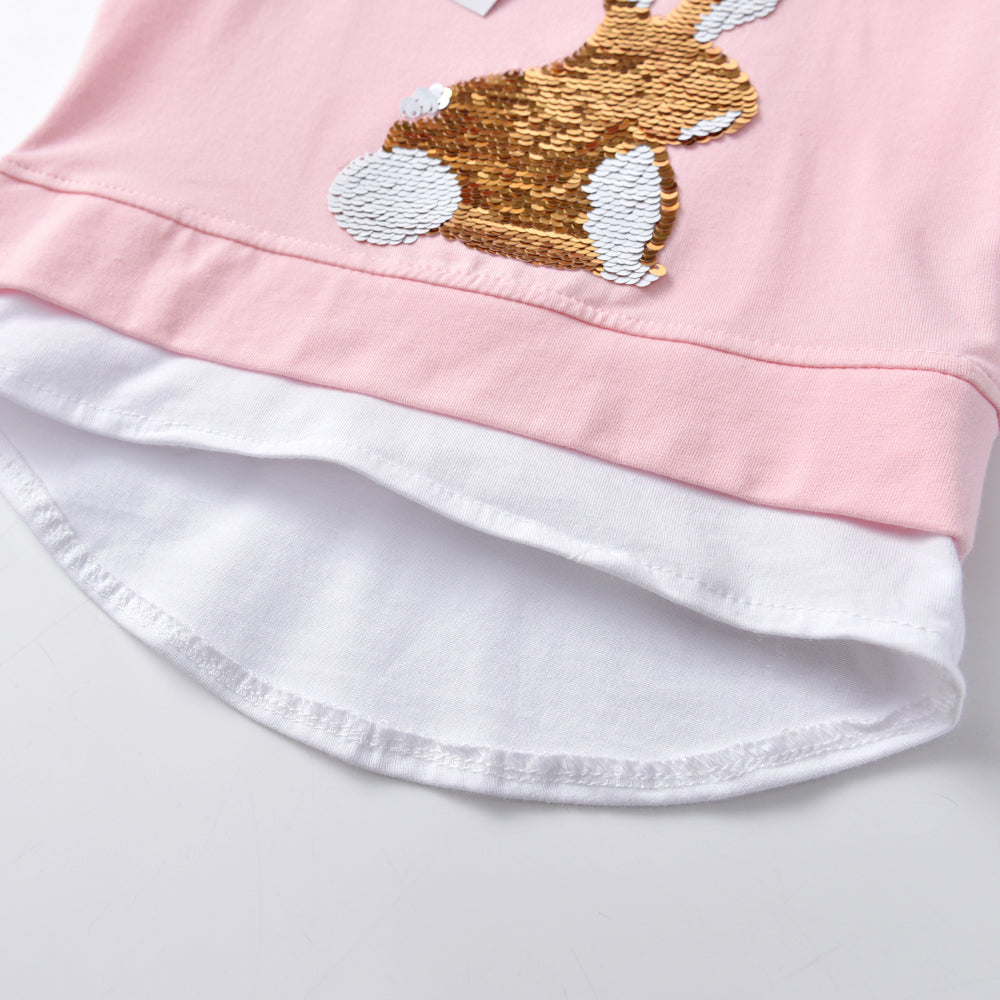 2Y-8Y Girls Short Sleeve T-shirt Sequins Big Rabbit Pink Casual Cotton Top