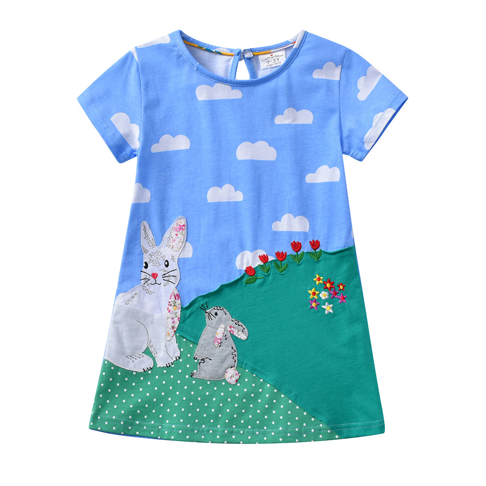 2-8Y Girls Short Sleeve T-Shirt Patchwork Rabbit Blue Sky Cute Casual Top