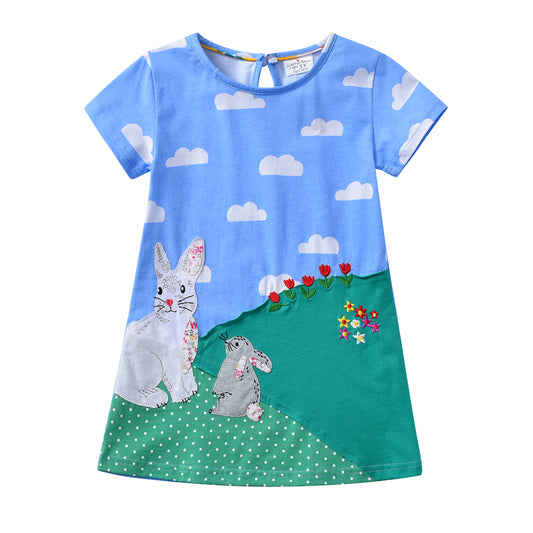 2-8Y Girls Short Sleeve T-Shirt Patchwork Rabbit Blue Sky Cute Casual Top