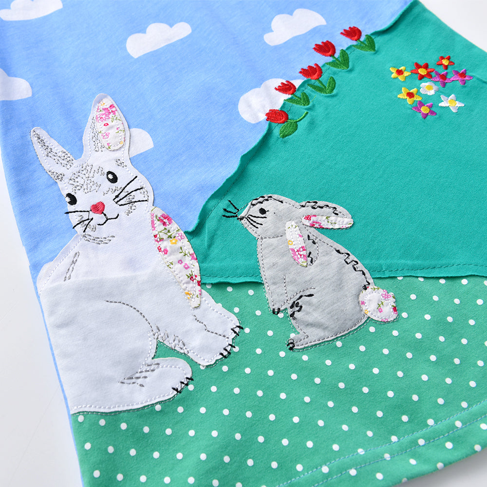 2-8Y Girls Short Sleeve T-Shirt Patchwork Rabbit Blue Sky Cute Casual Top