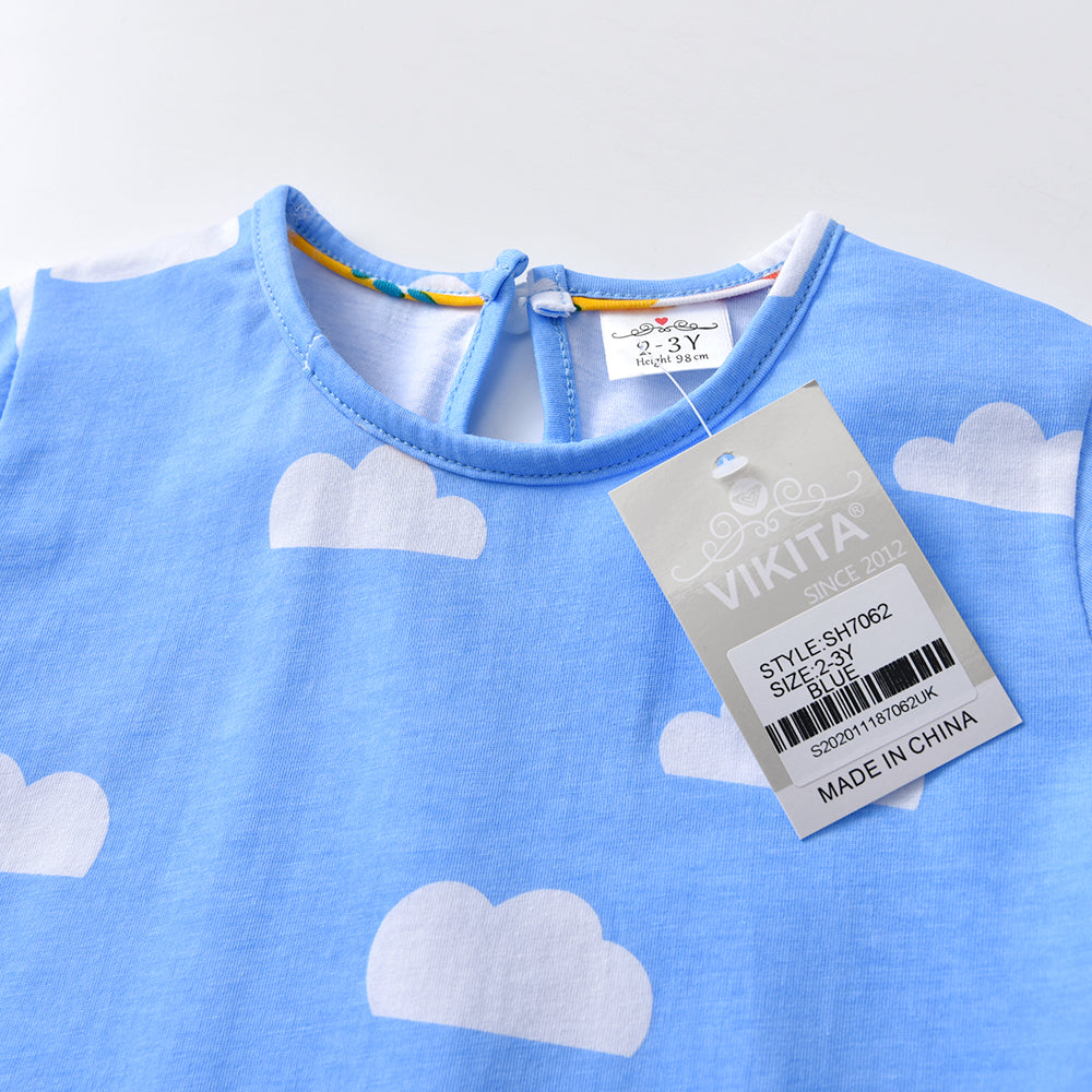 2-8Y Girls Short Sleeve T-Shirt Patchwork Rabbit Blue Sky Cute Casual Top
