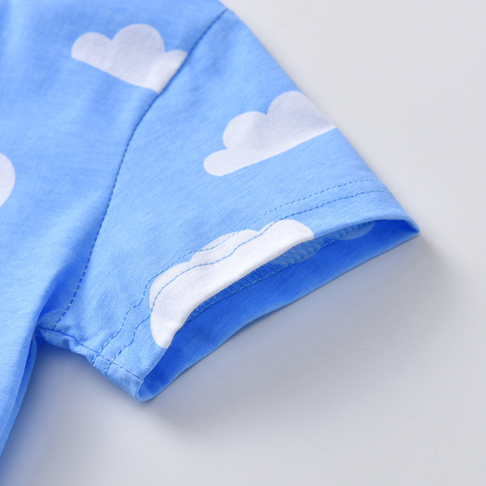 2-8Y Girls Short Sleeve T-Shirt Patchwork Rabbit Blue Sky Cute Casual Top