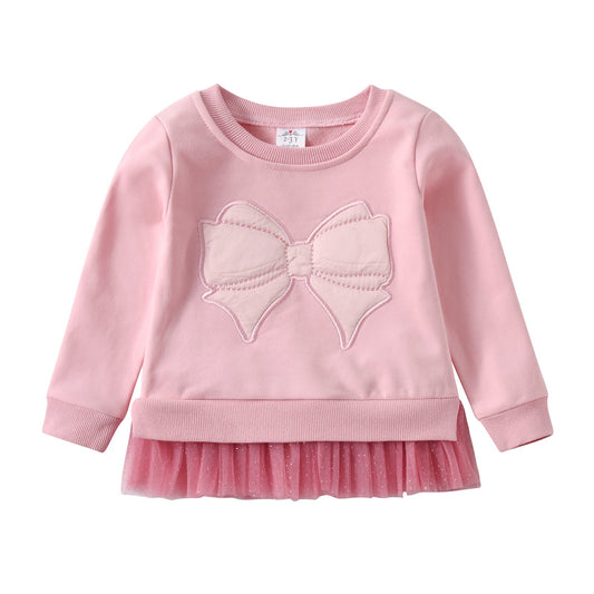 2PCS Girls Long Sleeve T-Shirt Set Big Bowknot Ruffle Tulle Sweatshirt + Sequins Star Top