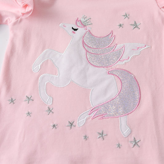 Embroidered Unicorn Star Ruffle Long Sleeve Pink Sweatshirt for 3-8T Girl Toddler